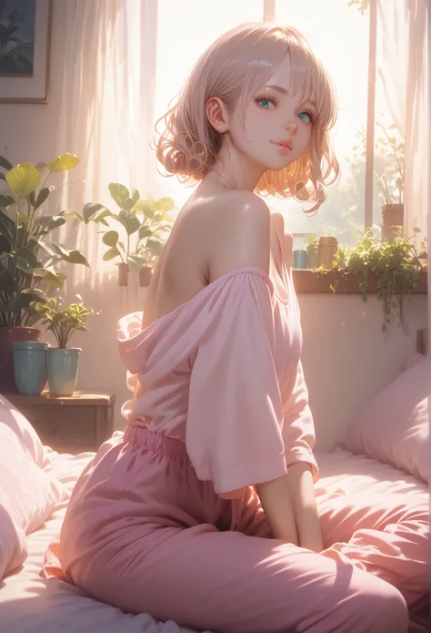 (photorealism:1.2), beautiful woman, sitting on bed, wearing loose off-shoulder top, pajama pants, long curly hair, indoors, soft lighting, plants in background, window with sunlight, cozy room, relaxed pose, realistic, intricate details, warm colors, by G...