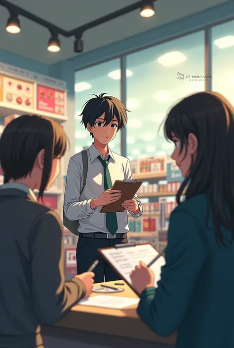 Create an image in the style of Makoto Shinkai A person handing out surveys to customers in a store, with a clipboard and pen, and customers filling out the forms.