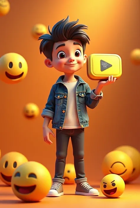 3D illustration of a man .
For a profile picture on a youtube channel, a boy is standing. He should have a golden play button in his hand. And the play button should have Overacting Fire written inside. And the boy should be 18 years old. He should be wear...