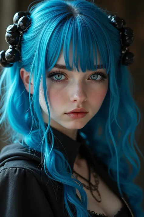 Ultra-realistic, masterpiece, ((Ultra detailed background, Intricate details)), best quality, Intricate details, Chromatic Aberration, woman, 20 years old, goth, blue hair, twindrills