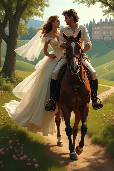 The bride being unfaithful with another man escaping with a horse with her lover