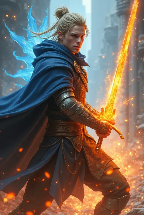 young adult, man,  Magic Swordsman with Bound Blonde Hair, Using Fire and Ice Magic 
