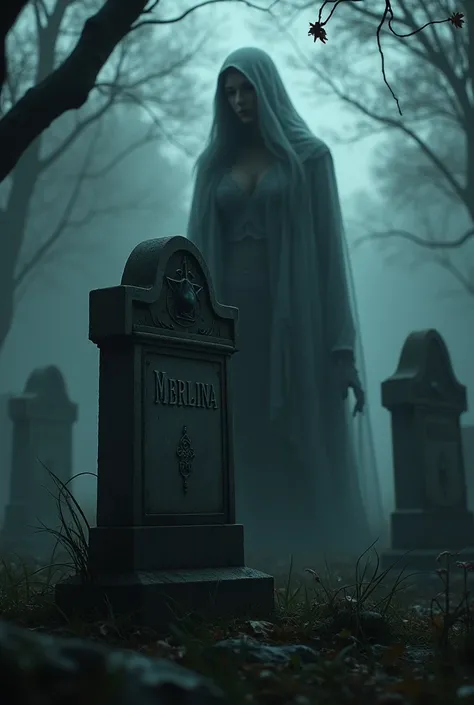 Tombstone with jacket, above it and with the name Merlina and behind the tombstone,  a ghost woman watching