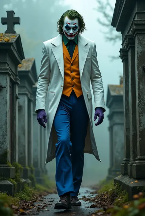 Joker white jacket blue pants walking around the cemetery