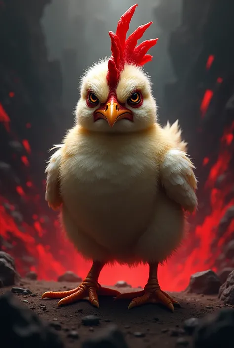 A Little Chick exuding Legendary Anger Against a Background of Terribly Gloomy Darkness and Red with Black Rays