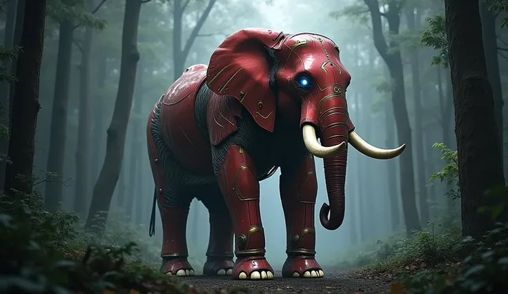 An elephant with ironmans red and gold colour armor standing in dark forest.