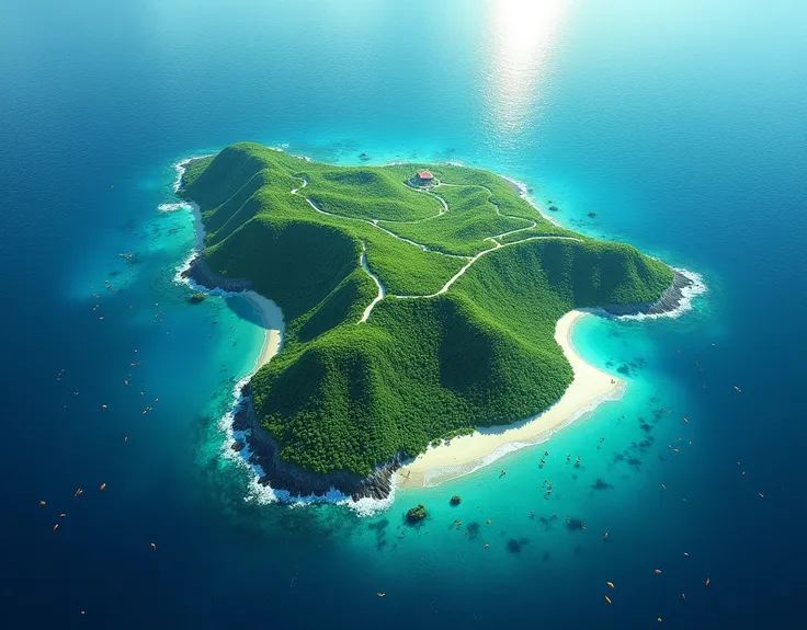 Map of Island, View from above in the sky ,  with large ocean and fish, without mountains 