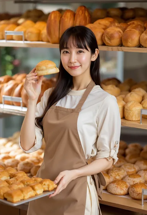 A bright, fine-art style photograph of a young slender East-Asian woman with cute face and bangs ,working in a bakery. She is dressed in a light brown apron tied neatly at the back, over a simple white blouse with rolled-up sleeves, giving her a refined ye...