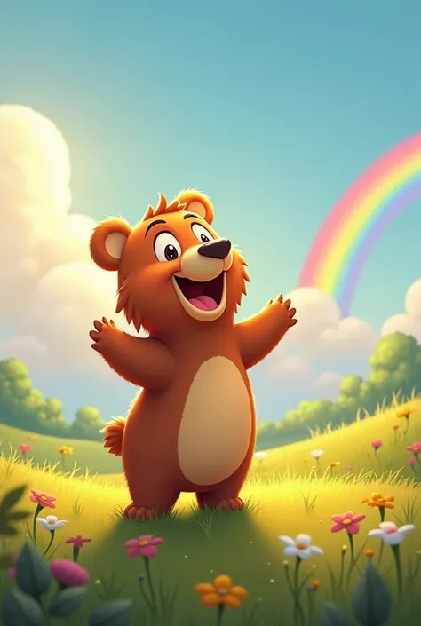  Give me a drawing of an animated bear in 2D of the same format as the previous one but now the bear hears a voice and is happy, The day becomes beautiful and there is a rainbow in the landscape  