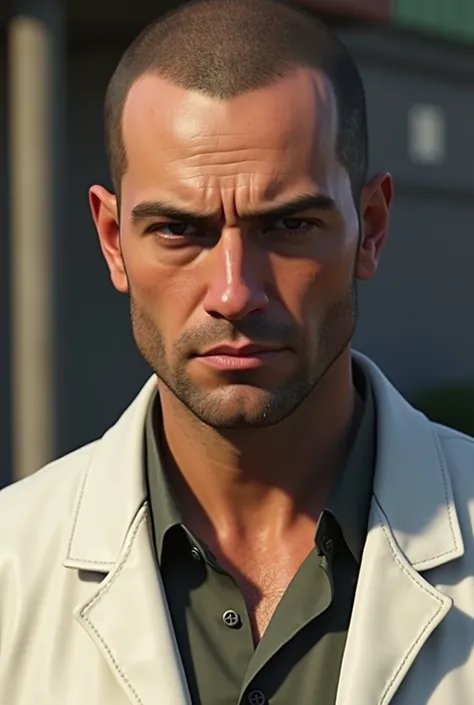  a close up of a person in a white coat and a white coat, a screenshot inspired by Michael Gustavius Payne , unwrap, fantastic realism, Naruto in GTA V , no gta v, estilo do gta v, GTA character v, GTA character, gta5 style, ingame image, new character, to...