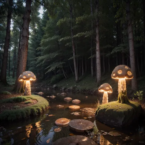 a solitary crystal mushroom radiates vibrant colors in the dark of night, nestled among ancient, gnarled trees in an enchanted f...