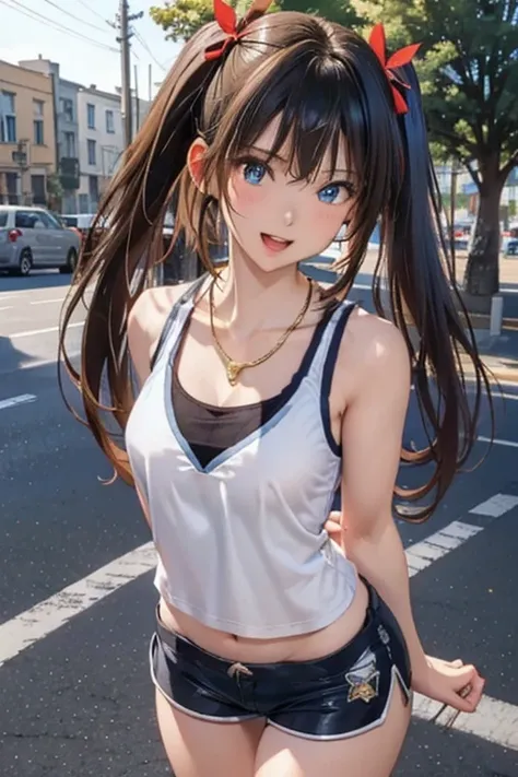 #Basics Girl posing for a photo, animeのかわいい女の子, (((One Girl, Baby Face, ))), 
BREAK 

#Clothing Accessories
((Blue sleeveless shirt + White shorts + sneakers)), ((Gold Necklace, Gold Necklace)),  
BREAK 

#Features
(Black Hair, (Twin tails : very long + Ve...