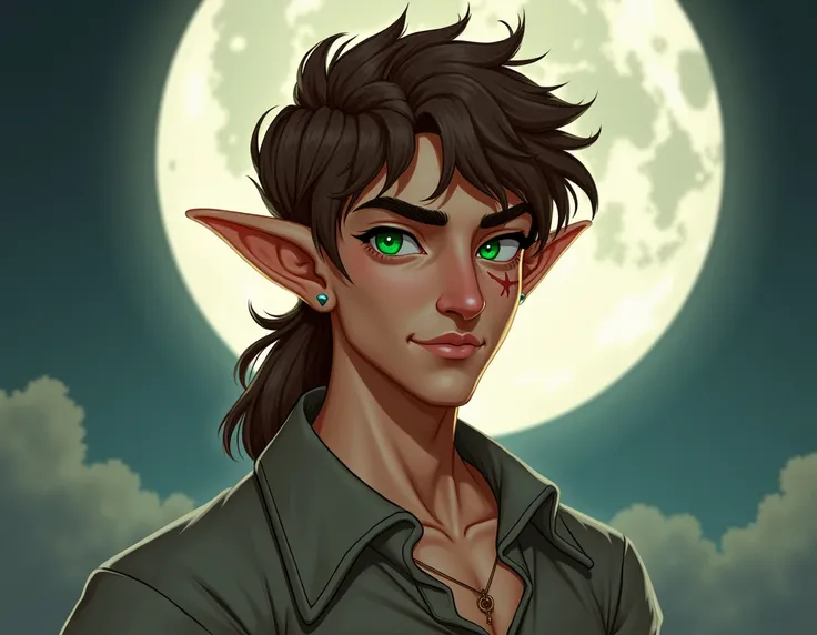 A male elf with brown mulet hair green eyes a gray blouse and a scar on him and the moon god cartoon