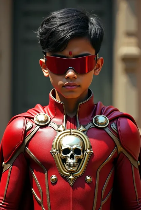 Indian teenage boy wearing a royal red and gold supersuit with skull on chest. Boy is waering a visor
