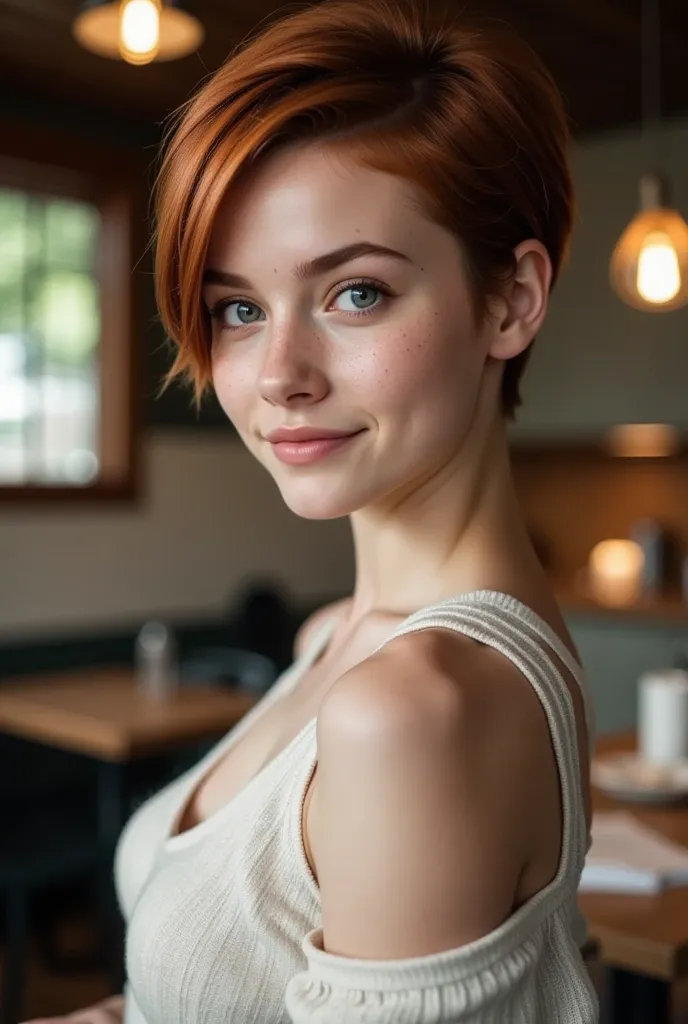 a charming young woman with short, dark red pixie-style hair and freckles softly dusting her cheeks and nose. she has striking b...