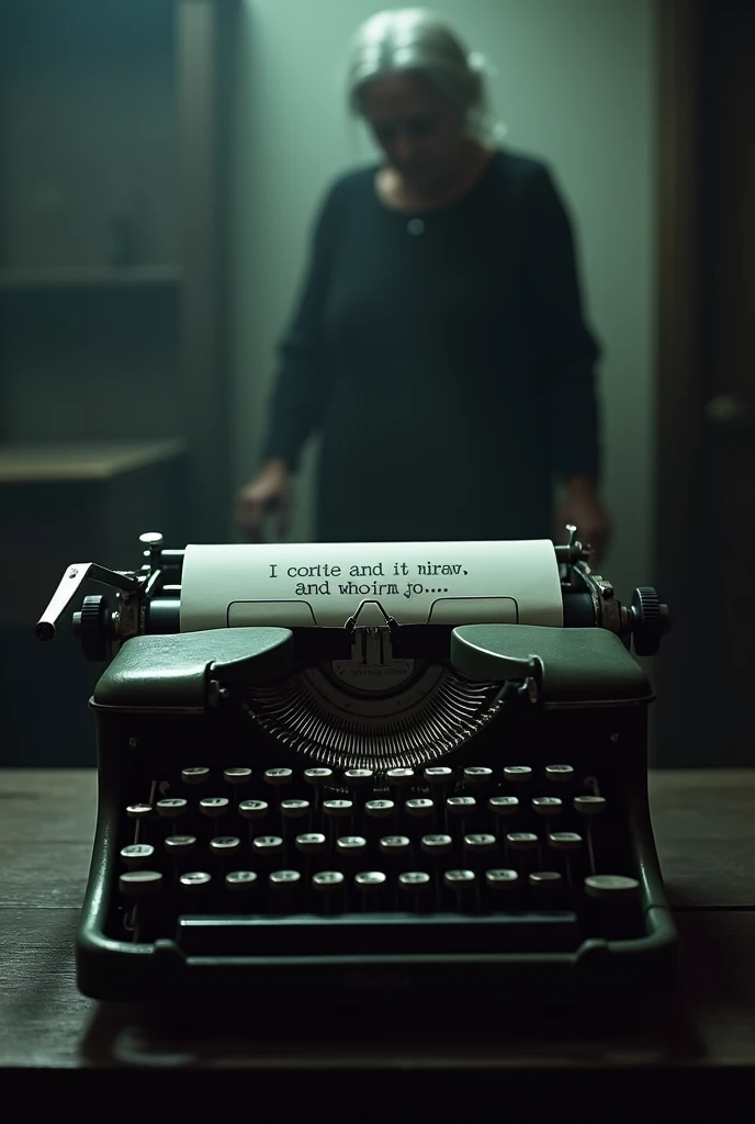  a typewriter that says something like / The neighbors die .......  and in the background the silhouette of an elderly woman 