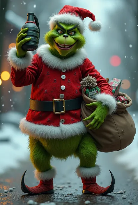 Grinch in full-body smiling Christmas costume 
 with a war grenade to explode in one hand and his Christmas sack loaded in the other 

