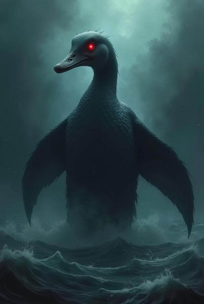  In the dark of the depths of the ocean ,  a nightmarish creature emerges :  a mix between duck and shark ,  with the muscular body of a shark ,  their scaly and robust skin ,  but with the elongated head of a duck ,  adorned with penetrating eyes that emi...