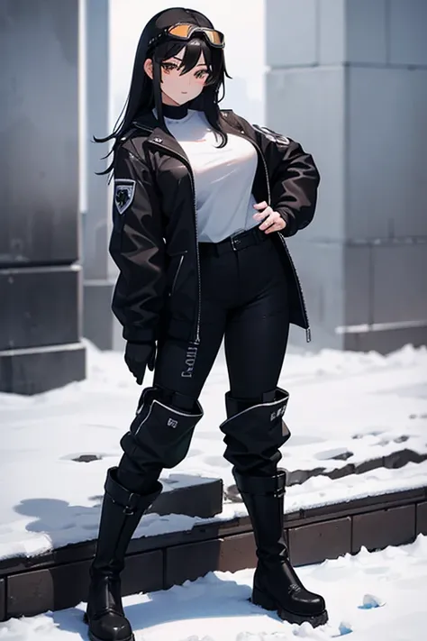 Hot girl, beautiful long black hair,dark brown eyes, snow goggles over her head, black pants, big but medium breasts, A closed short black jacket with Whitefur, long black sheer socks, snow boots, cozy area, normal expression, NOT LOOKING AT THE VIEWER