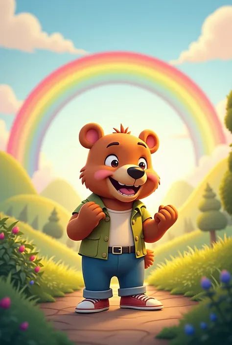  Give me a drawing of an animated bear in 2D of the same format as the previous one but now the bear hears a voice and is happy, The day is becoming beautiful and there is a rainbow in the landscape but put clothes on it