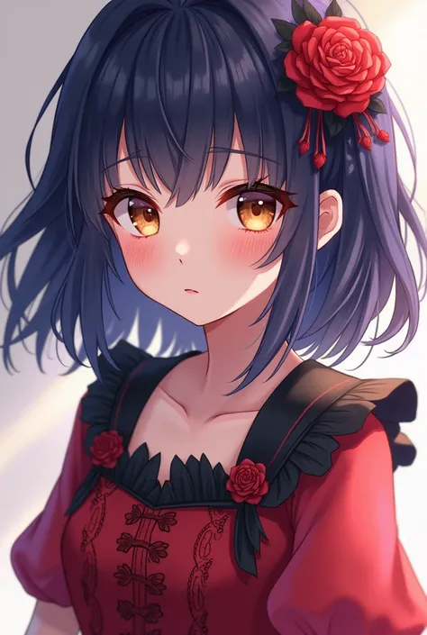  dark blue-purple hair and light brown eyes wearing a red and black dress 、 medium hair and bangs、An anime girl with  