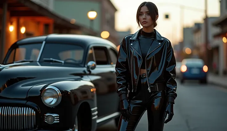 realistic photo, woman standing next to rat rod , wearing  black shinny pvc jumpsuit , black shiny pvc jacket , wearing black shinny pvc thigh high boots , black shinny pvc long gloves , in californian street at dusk