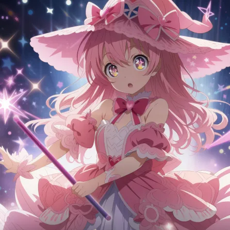 Magical girl, big eyes, sparkling eyes, pink, dress, magic stick, anime illustration, masterpiece, best quality, extremely detailed CG unity 8k wallpaper,