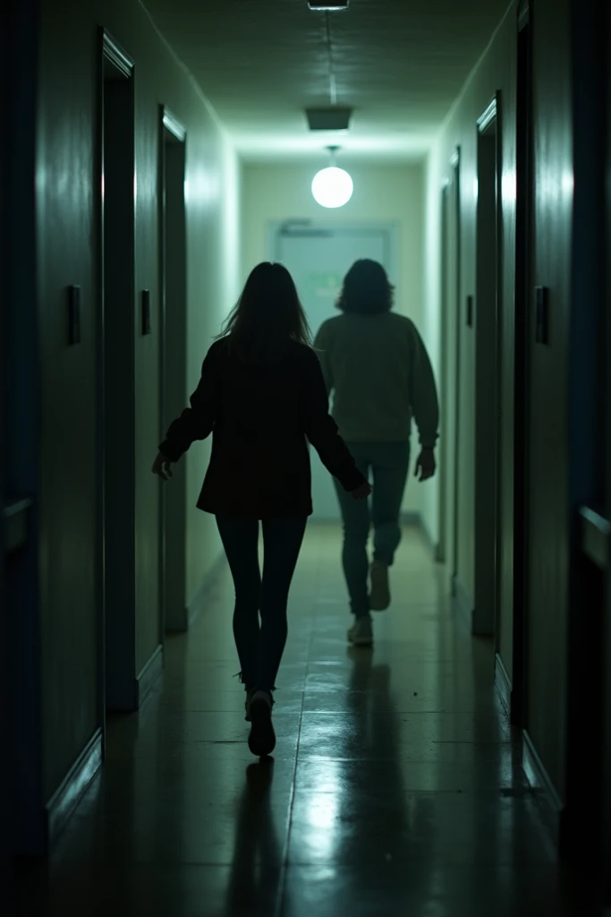 Irene and the narrator are in the hallway near the kitchen .  They look scared and running to the front door while there are noises behind them.