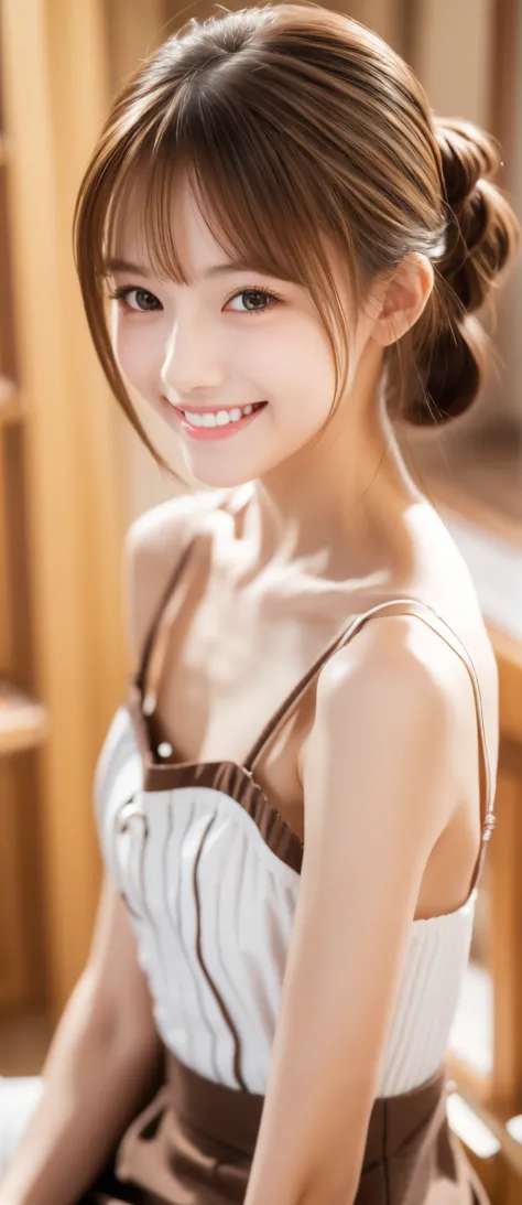 maid,cute pretty girl,masterpiece,high definition,4k,8k,16k,chignon hair,brown hair,skinny,thin body,smile