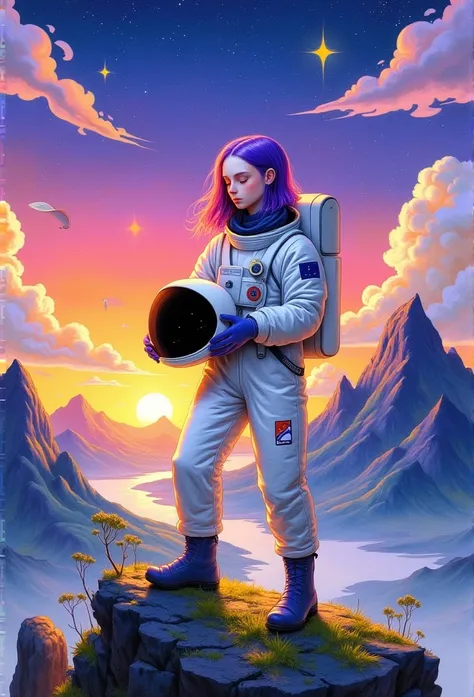  a beautiful young female astronaut in an astronaut suit, holds an astronaut helmet ,  closed eyes, standing on top of a mountain , позади неё реки и горы и звёздное sky, Sunset, Compose   , purple hair , Painting (medium), ,   A star   (sky),   A star   (...