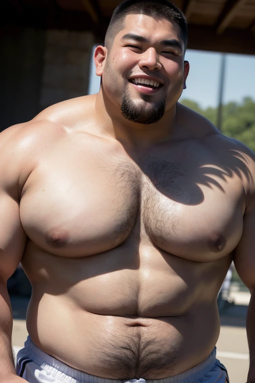 ((highest quality)), ((masterpiece)), (detailed), ((Perfect Face)), 4k, Shaved head, Young boy, Muscular, Fat body, Very big man, nihilistic laughter, A large asian,  ((shirtless man)), whole body, Rugby player, Thick legs, Thick arm muscles, Intimidating,...