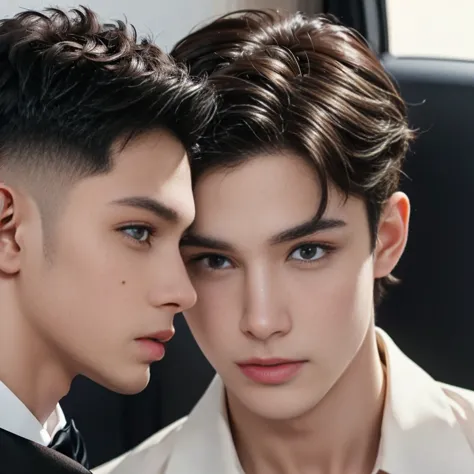 2 boys, black short hair, brown eyes, serious sharp features, white skin, a mole under the eye and a mole on the cheek, formal s...