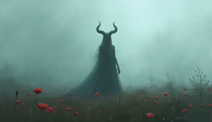 heavy fog , dark environment, Shadow of a horned woman in a flowery field,  impressionist painting style 