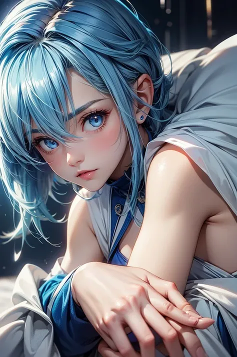 8k, best quality、 blue eyes、 blue hair 、 hair cut right under the ears、 perfect body、Clean hands and feet 。 have slightly cool 　２２Women around the age 