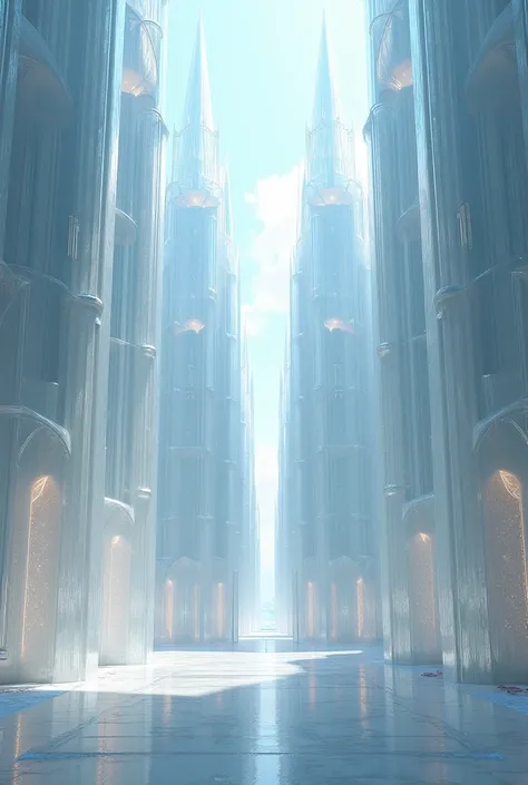  Cathedral made of giant transparent crystals , with giant transparent pointed crystals scattered across the ceiling, floor and walls 