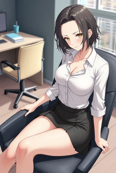 Beautiful young adult woman with medium long medium short black hair with yellow eyes wearing a long sleeve white button down shirt showing her cleavage and a sexy short black skirt in the background of a private office in the anime Hentai style 