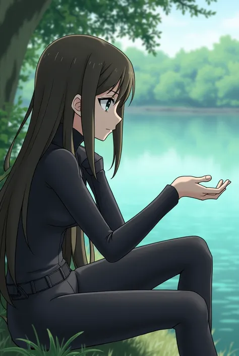 sword art online, Shino Asada sitting stretching out her hand