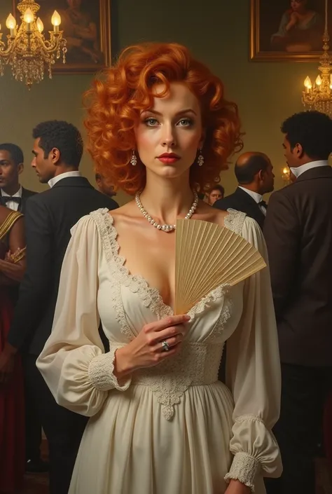 a beautiful woman in hers 50s with curly ginger hair, owner of a 19th century brothel in South Africa, wearing a sexy white 19 century period outfit, and a necklace with pearls. holding a fan, in a crowded brothel interior, realistic, photorealistic, 8k, m...