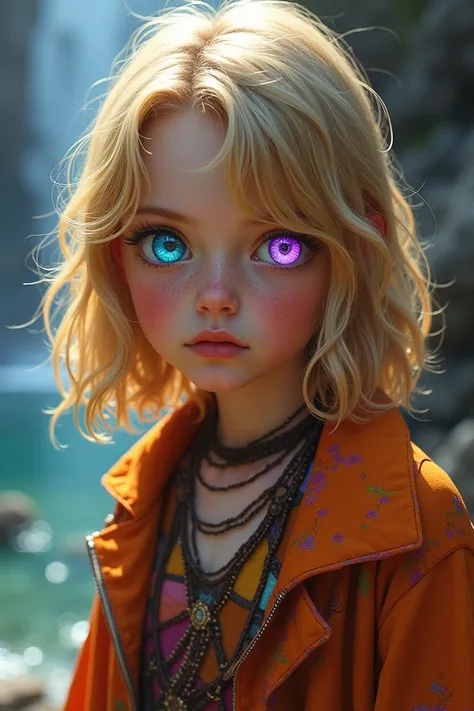  Girl with blond hair to her shoulders , One eye is blue, another purple ,  clothes in bright colors like the Night Wind Lords tribe