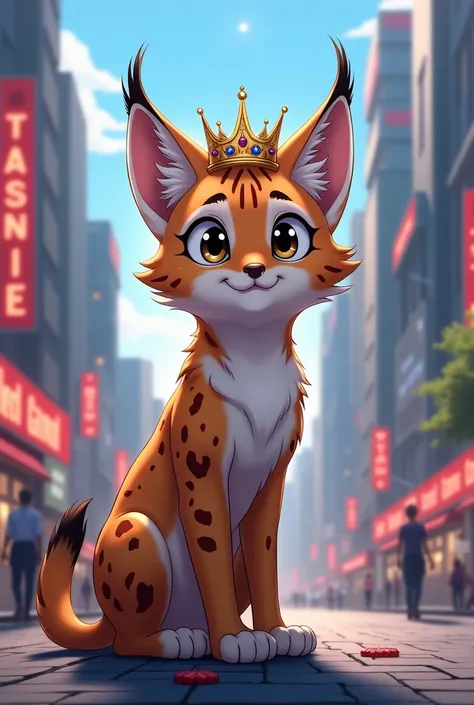 Take a picture of a small Lynx with a crown with a street and city background in anime style 4K