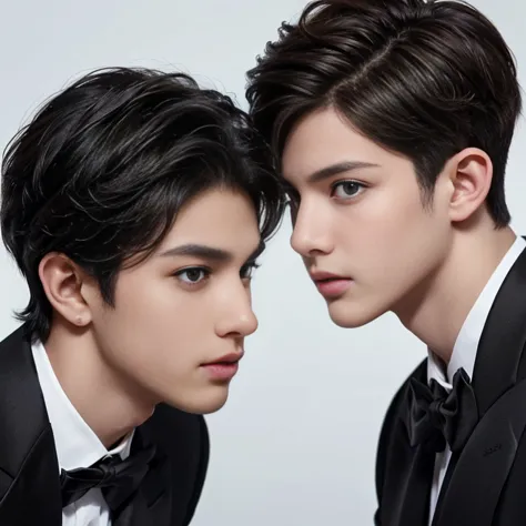 2 boys, black short hair, brown eyes, serious sharp features, white skin, a mole under the eye and a mole on the cheek, formal s...