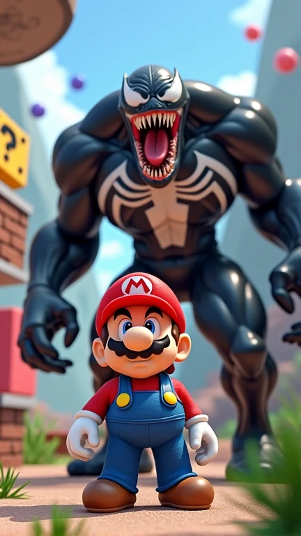 Create a 9 :16 image with Super Mario and Venom full body in animated version