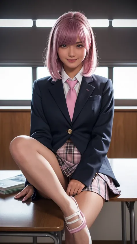 (Highest quality, 4K, 8k, High resolution, masterpiece, Genuine, Realistic, Realistic:1.3), (upper body), Girl sitting on the school desk in classroom, blue neckerchief Uniform, Dark Blown Blazer, blown plaid skirt, Gal Makeup, wearing white collared shirt...