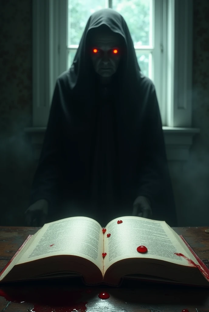  an open book with drops of blood and in the background that there is a silhouette of an old woman , that has dark colors that indicate intrigue and mystery 