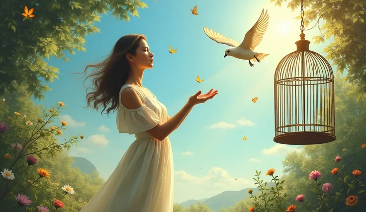 A woman releasing a bird from a cage in a sunny setting, symbolizing spiritual liberation and truth