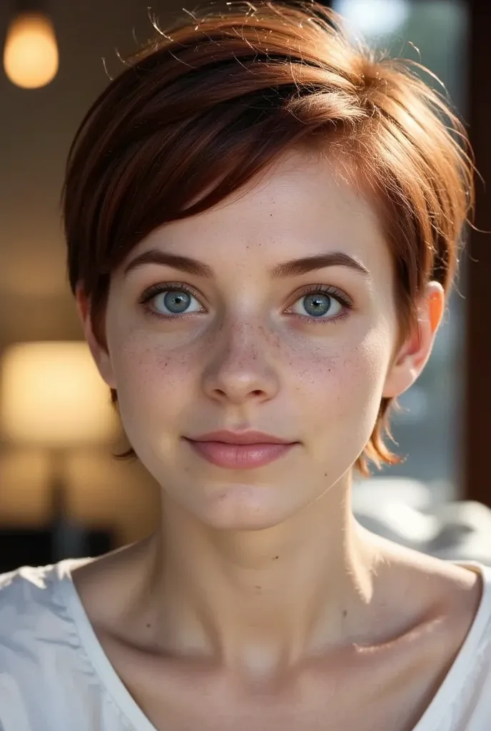 a charming young woman with short, dark red pixie-style hair and freckles softly dusting her cheeks and nose. she has striking b...