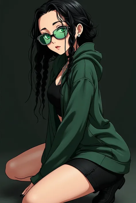 A woman with green eyes ,  wavy black hair with some box braids , pele morena , wearing tight black shorts ,  dark green skeleton coat Y2K style  ,  green lens glasses without frame on the lens  , with silver chain studded  ,  anime art , dark background ,...