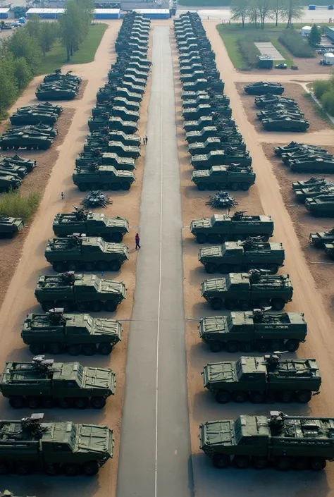  An exhibition seen from above  ,  of military equipment and materials at the International Military Technology Forum , in Kubinka , Russia .  Photo from 2015 