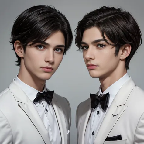 2 boys, black short hair, brown eyes, serious sharp features, white skin, a mole under the eye and a mole on the cheek, formal s...