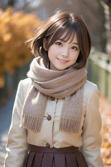 (8k, RAW photo, photorealistic, HQ, masterpiece), a cute Japanese woman, (glowing eyes), 
(light smile:0.2), brown hair, Pixie Bob hair, (Cute late autumn outfits), (Scarf, down jacket, tight long skirt) , blurred background, depth of field, natural lighti...